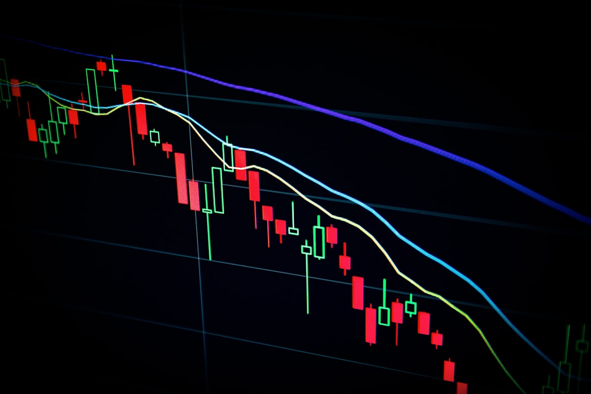 Financial market screens showing charts and index data in a trading office